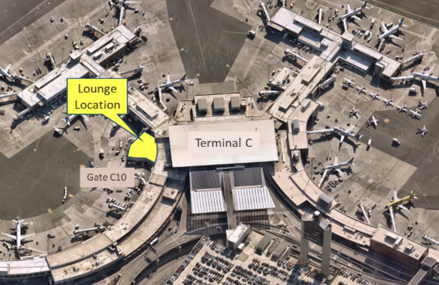 Boston Logan International Airport overhead view with a highlighted space for a new lounge in yellow. 
